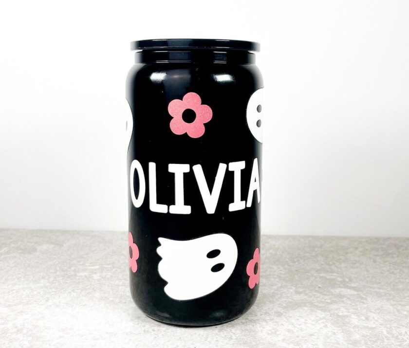 Halloween inspired personalised 16oz cup with bamboo lid