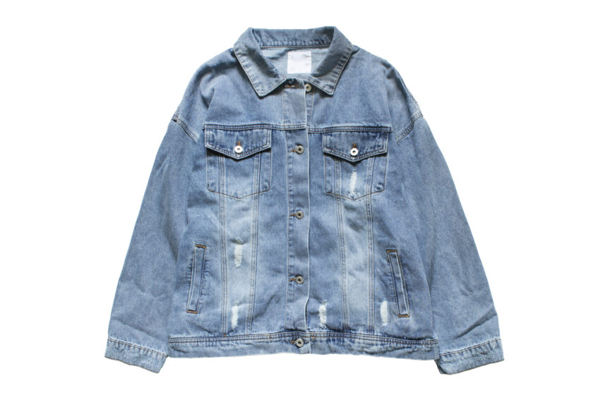 Blue denim oversized torn jacket isolated over white