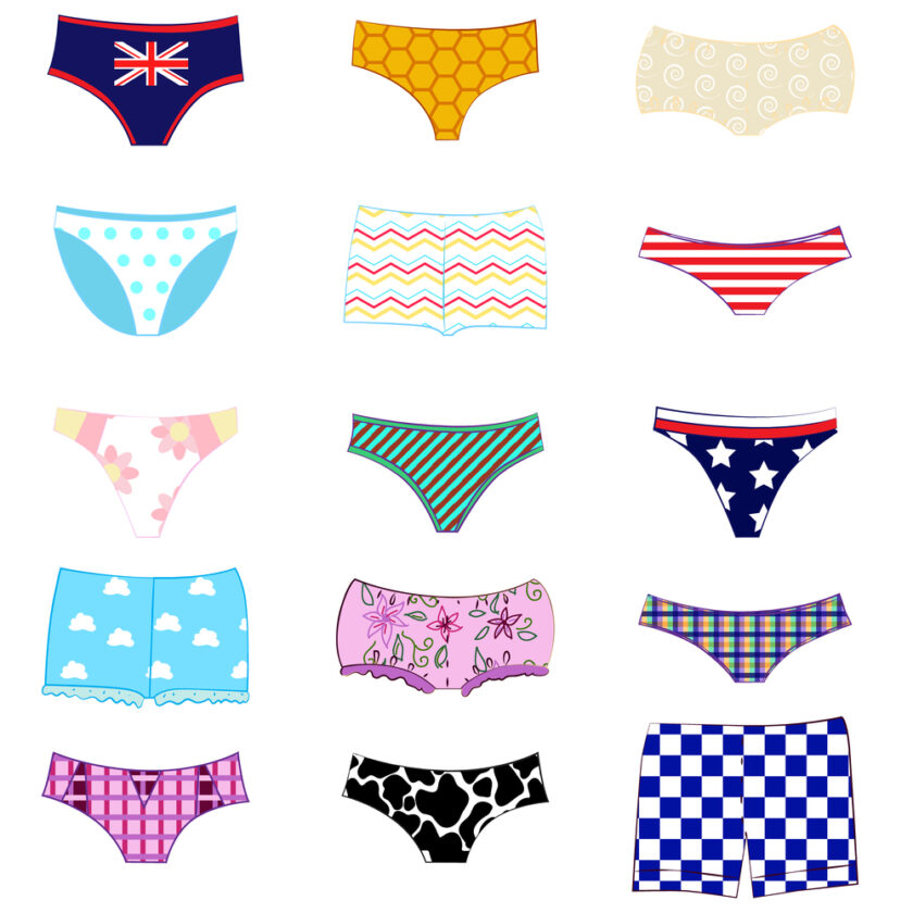 Illustration of sixteen colorful underwear designs in a grid. Patterns include Union Jack, polka dots, stripes, stars, floral, checkered, clouds, and animal print. Each pair features a unique color scheme and style.