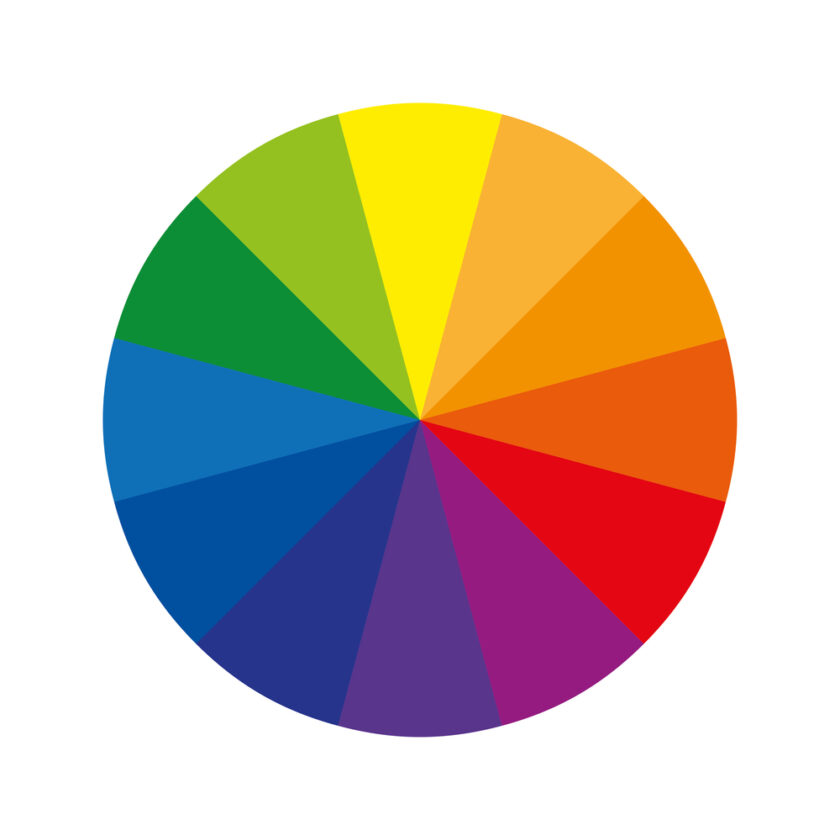 Color wheel or color circle with twelve colors, which shows primary colors, secondary, tertiary colors.