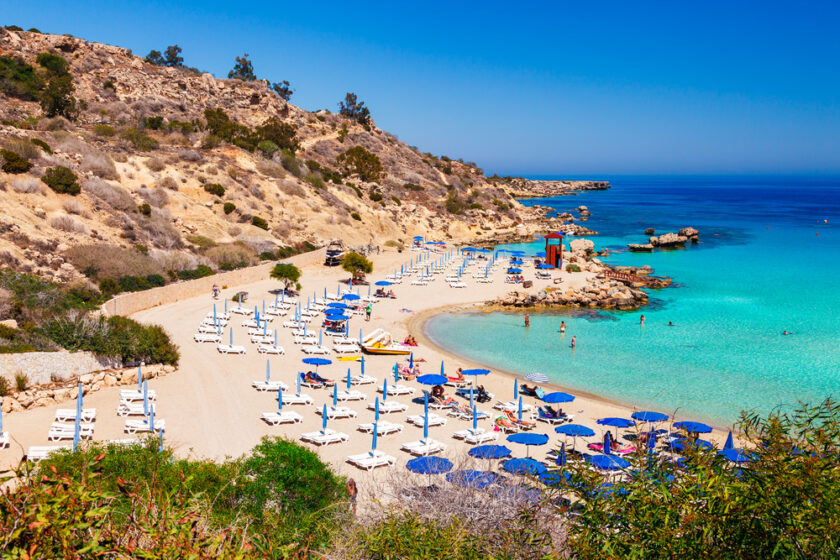 Beautiful landscape near of Nissi beach and Cavo Greco in Ayia Napa, Cyprus island, Mediterranean Sea. Amazing blue green sea and sunny day.