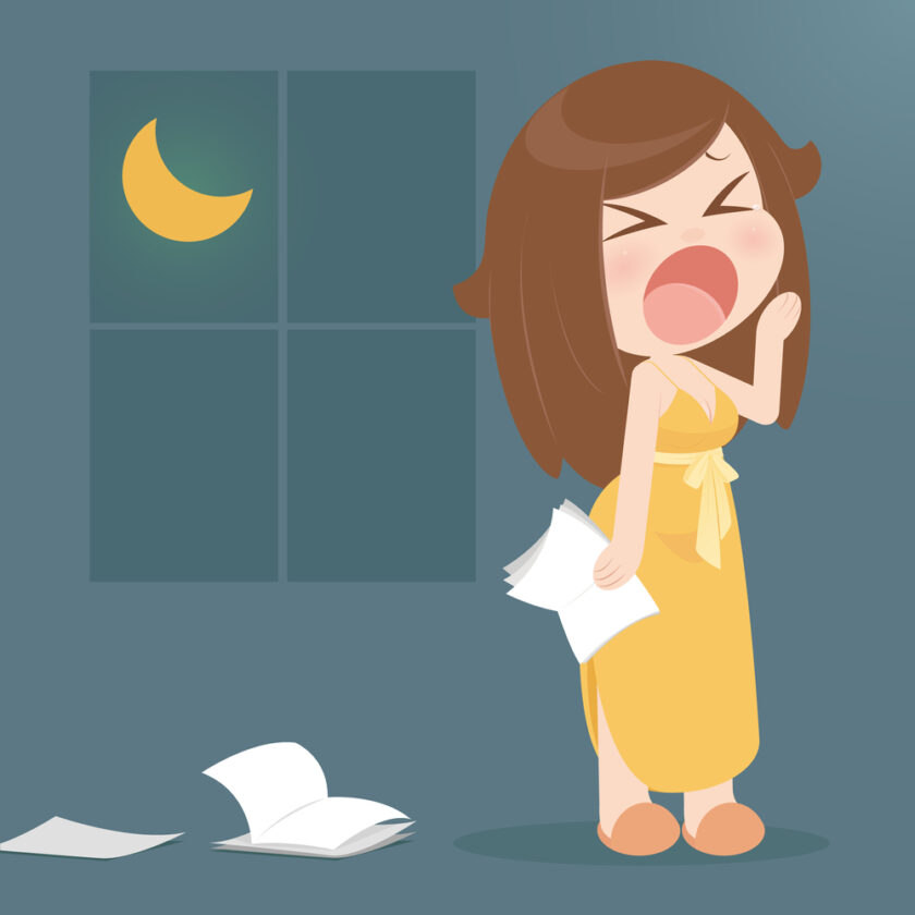 A cartoon woman in a yellow dress yawns while holding papers. The background shows a moon through a window, indicating nighttime. More papers are scattered on the floor. Her expression suggests tiredness.