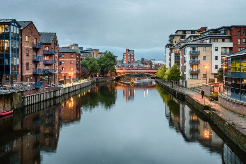 Apartments and other waterfront buildings along the River Aire, Leeds, West Yorkshire, England, UK