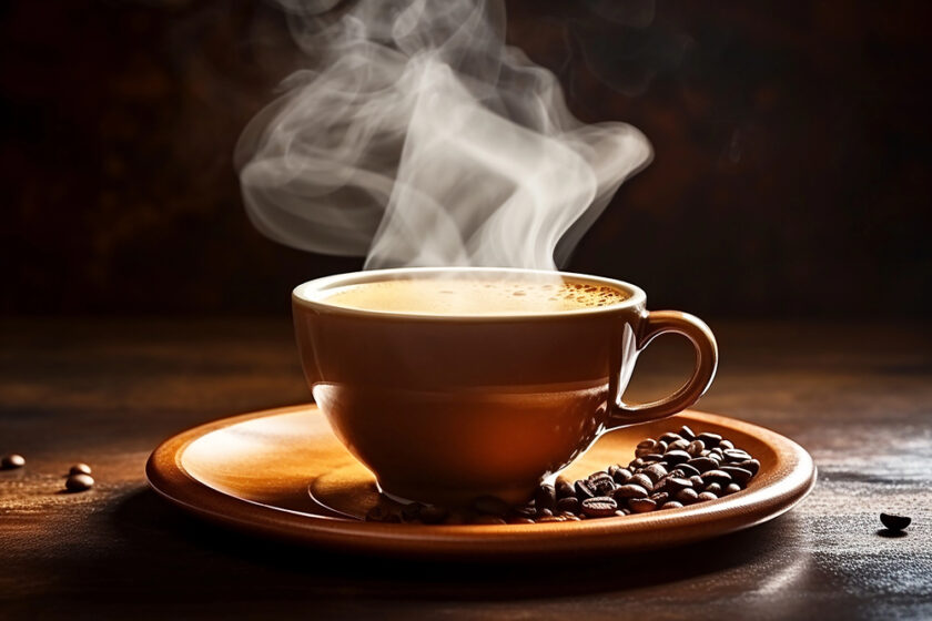 A steaming cup of coffee sits on a brown saucer with coffee beans scattered around. The rich, dark background emphasizes the warmth and aroma of the hot beverage.