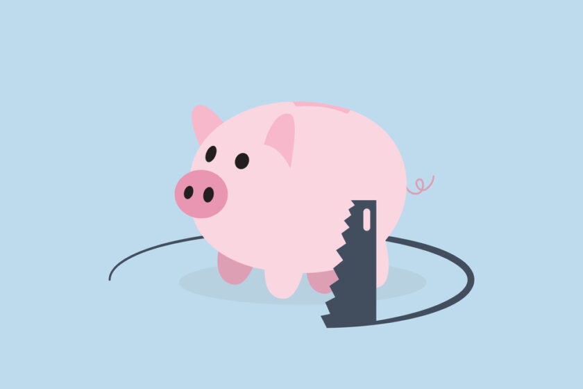 Financial mistake, wealthy pink piggy bank is sawed under the floor to steal money.
