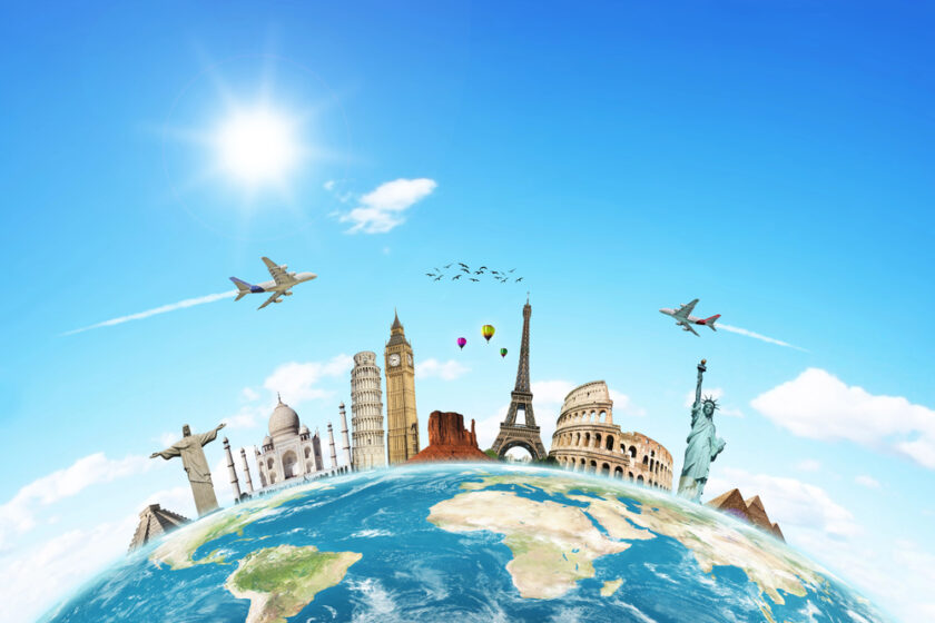 A collection of famous landmarks, including the Eiffel Tower, Big Ben, Statue of Liberty, and Taj Mahal, appear along a curved Earth under a bright blue sky with planes, birds, and hot air balloons.