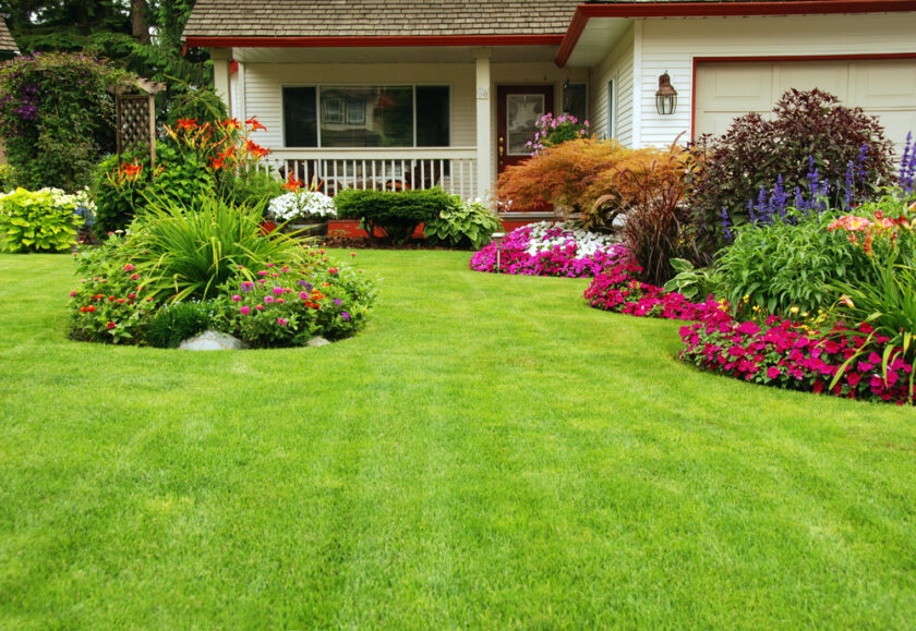 A well-maintained front yard with lush green grass and vibrant flower beds. The house has a porch with a railing, surrounded by a variety of colorful plants, including red, purple, and white flowers, under a clear blue sky.