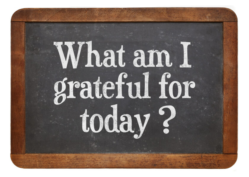 A chalkboard with a wooden frame displays the text What am I grateful for today? in white chalk. The background is a dark gray color with a slightly worn texture.