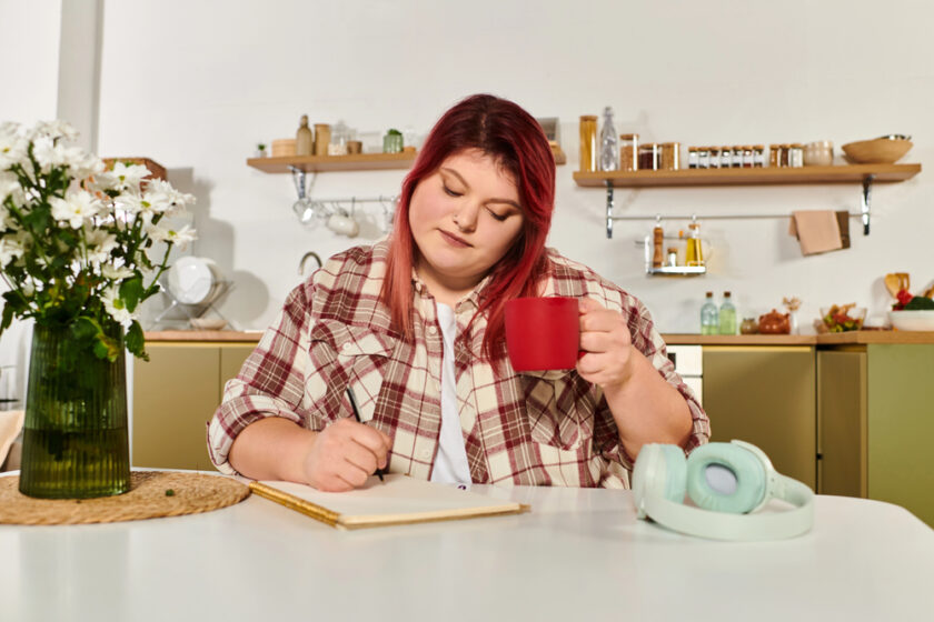 A person with red hair sits at a kitchen table holding a red mug and writing in a notebook. There are white flowers in a vase nearby, and green headphones rest on the table. Shelves with various items are visible in the background.