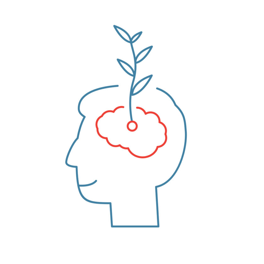 Vector growth mindset skills icon growing plant from the brain | modern flat design soft skills linear illustration and infographic red and blue on white background