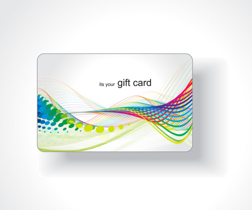 A gift card with colorful abstract wave patterns and dots on a light background. The text reads its your gift card in black and pink font. The card casts a subtle shadow.