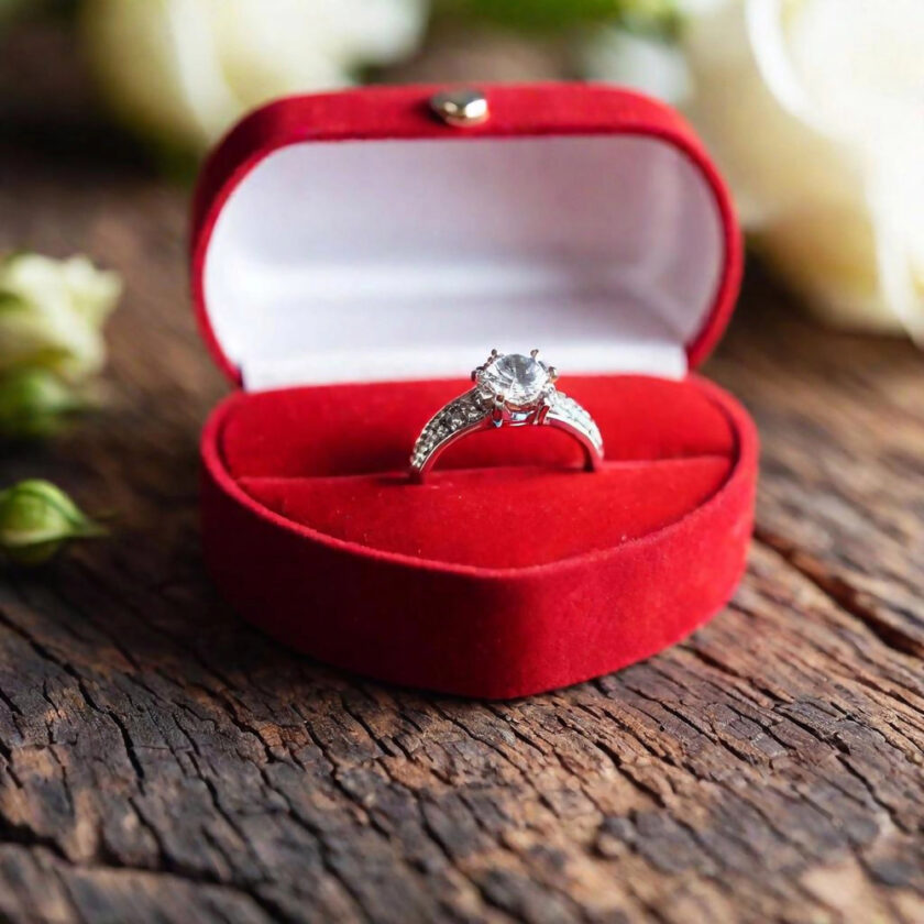A diamond engagement ring rests in a red velvet heart-shaped box on a rustic wooden surface. The open box reveals a sparkling silver band. Blurred white flowers are in the background.