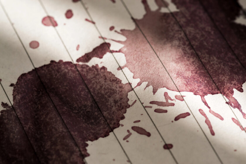 Close-up of a paper with dark ink blots and splatters across thin black lines. Some blots are circular, while others are irregularly shaped. The paper is illuminated from the side, casting shadows and highlighting the texture of the ink marks.