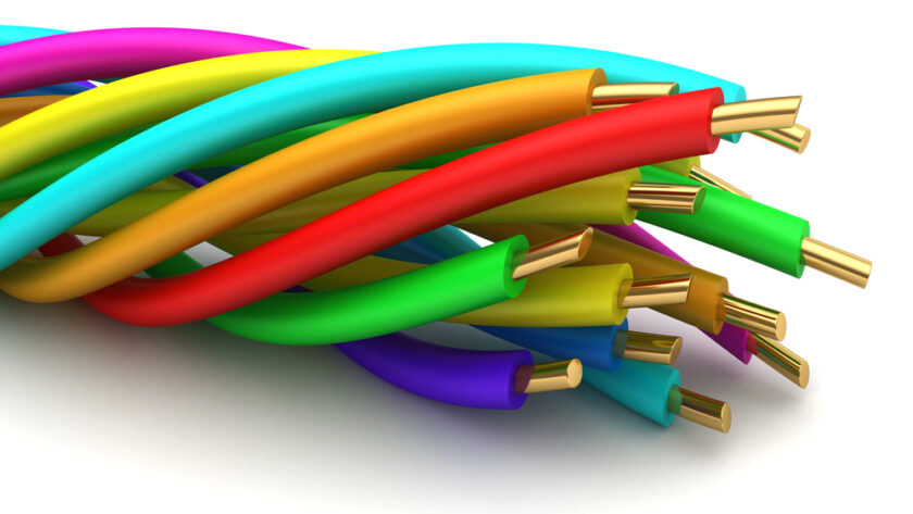 Close-up illustration of several colorful electrical wires with exposed gold-colored ends, twisted together against a white background.