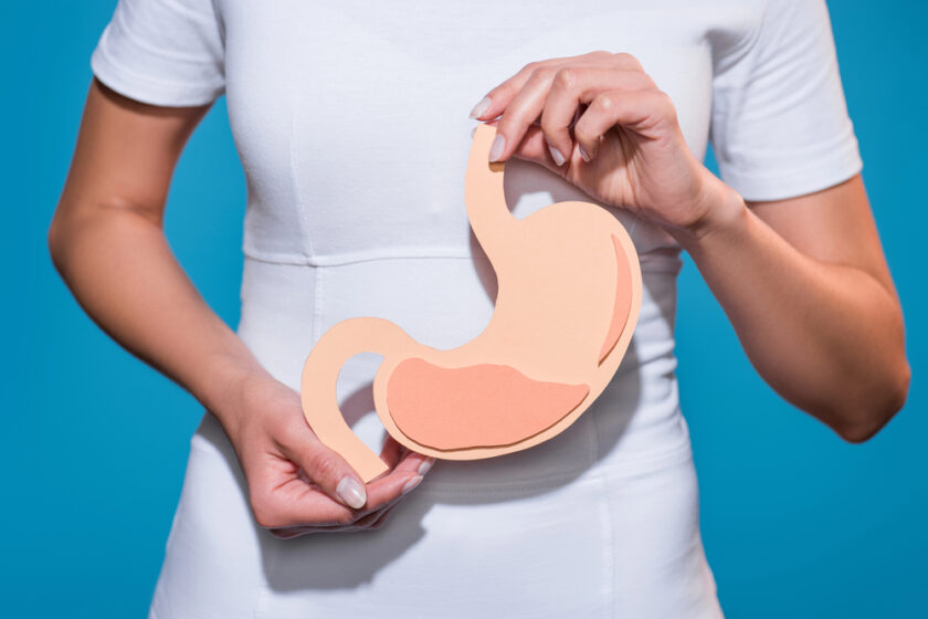 A person in a white shirt holds a paper cutout of a human stomach in front of their torso against a blue background.