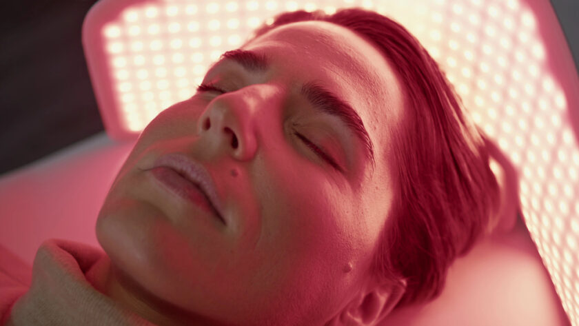 Person lying down with eyes closed under a red LED light therapy panel, providing a soft glow on the face. The relaxed expression suggests a calming or therapeutic experience.