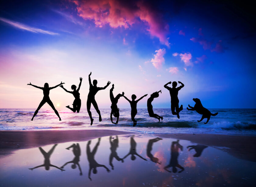 Silhouettes of seven people and a dog jumping joyfully on a beach at sunset. The sky is painted with vibrant pinks and blues, and their reflections are visible in the wet sand.