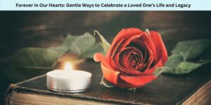 A red rose and a lit tealight candle rest on a closed book, with text above reading, Forever in Our Hearts: Gentle Ways to Celebrate a Loved One’s Life and Legacy.