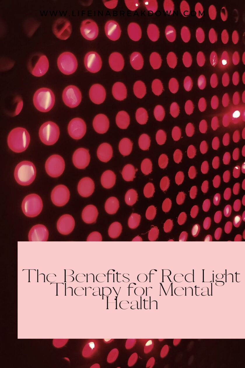 A close-up of a red light therapy panel glowing with small circular lights, accompanied by text that reads, The Benefits of Red Light Therapy for Mental Health.