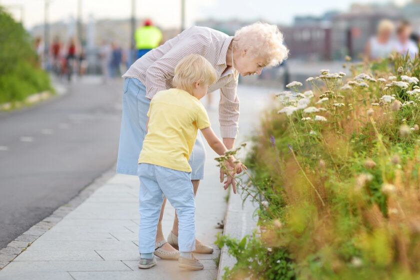 An elderly woman and a young child bend down together to look at wildflowers growing by the side of a paved sidewalk on a sunny day. The woman gently points at the flowers while the child watches closely.