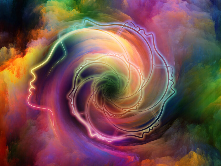 A vibrant, abstract image featuring swirling colorful clouds with glowing outlines of human profiles forming a spiral pattern at the center, symbolizing creativity and interconnected thoughts.