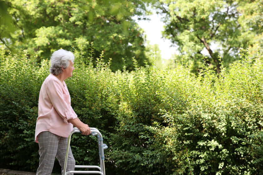 An elderly woman with gray hair uses a walker while standing outdoors next to green bushes and trees on a sunny day. She is wearing a light pink top and checkered pants, looking towards the greenery.