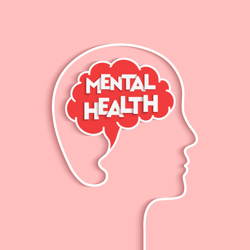 Outline of a human head in white on a pink background, with a red brain shape inside. The words MENTAL HEALTH are prominently displayed in bold white letters within the brain shape.