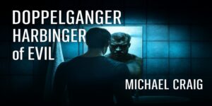 A man stands in front of a mirror; his reflection appears sinister. The text reads, Doppelganger Harbinger of Evil and Michael Craig. The scene is dark and moody, suggesting a suspenseful or horror theme.