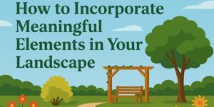 Illustration of a park with trees, bushes, flowers, a wooden arbor, and a bench, with the text How to Incorporate Meaningful Elements in Your Landscape above the scene.