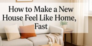 A cozy living room with a beige sofa, orange and beige pillows, a blanket, a side table with a plant, and a window. Text overlay reads, How to Make a New House Feel Like Home, Fast.