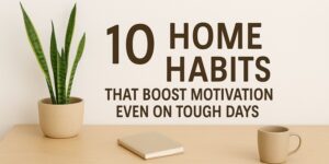 A minimalist desk with a potted plant, a closed notebook, and a mug. The text reads: 10 Home Habits That Boost Motivation Even On Tough Days.