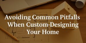 Text over an image of a house model and floor plans reads: Avoiding Common Pitfalls When Custom-Designing Your Home.