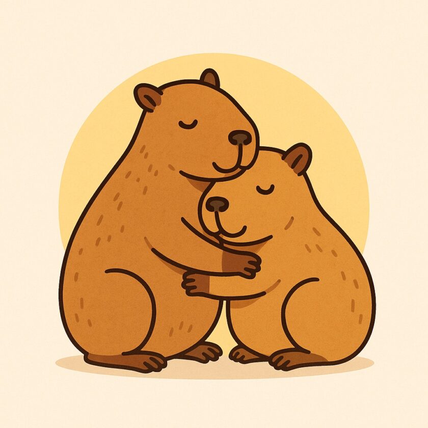 Two cartoon capybaras sit facing each other, hugging with eyes closed and peaceful smiles. A soft yellow circle is in the background, adding a warm and gentle atmosphere.