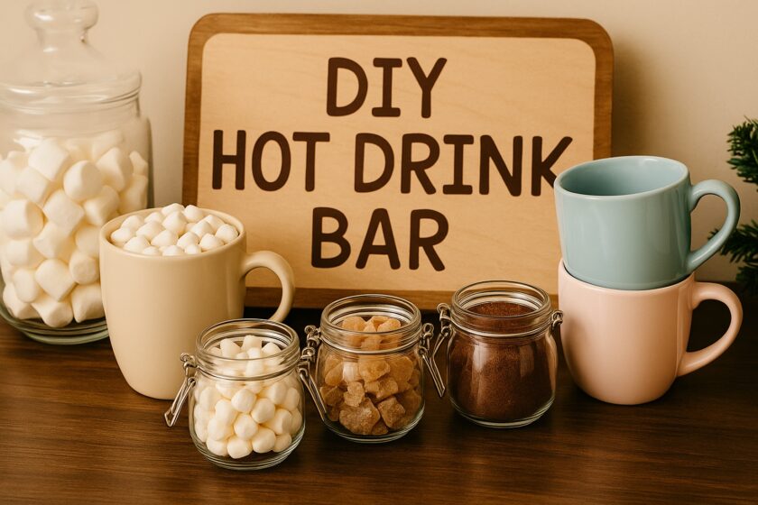 A sign reads “DIY Hot Drink Bar” behind mugs, jars filled with marshmallows, brown sugar cubes, and cocoa powder, with a large jar of marshmallows on the left, all arranged on a wooden surface.