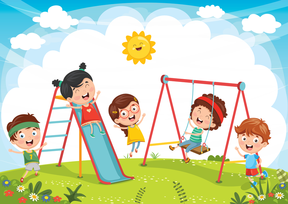 Five happy children play outside on a sunny day; two are on swings, one is sliding down a slide, and two are standing, all smiling and surrounded by green grass, flowers, and a bright, cheerful sun in the sky.