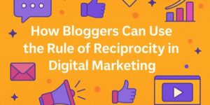 Orange background with icons like a megaphone, thumbs up, chart, envelope, and video play button. White text in the center reads: How Bloggers Can Use the Rule of Reciprocity in Digital Marketing.