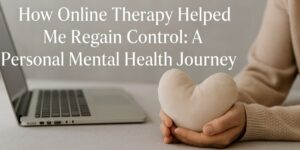 A person holds a soft heart-shaped pillow beside a laptop. Overlaid text reads: How Online Therapy Helped Me Regain Control: A Personal Mental Health Journey.