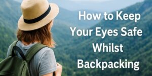 A person wearing a hat and backpack looks out at green mountains. Text on the image reads: “How to Keep Your Eyes Safe Whilst Backpacking.”.