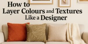 A beige sofa with three patterned cushions and a knitted throw is set against a wall with framed art. Text over the image reads, How to Layer Colours and Textures Like a Designer.