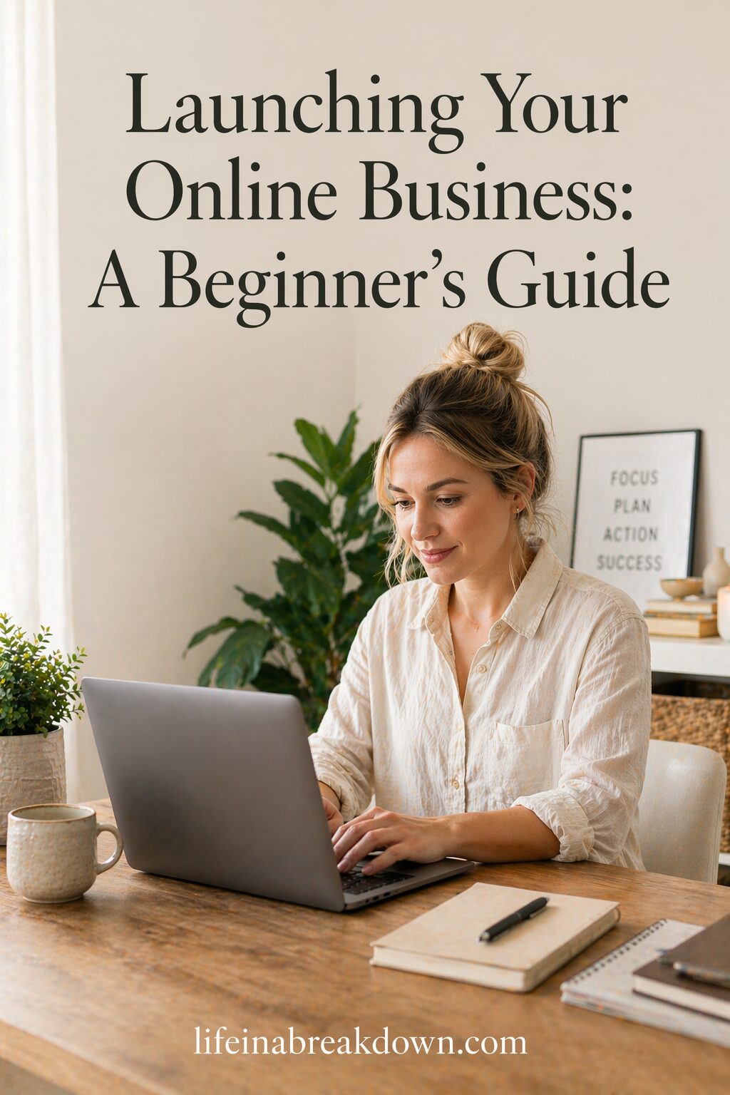 A woman sits at a desk using a laptop, surrounded by a notebook, pen, plant, and coffee cup. Text reads: Launching Your Online Business—essential tips for beginners. lifeinabreakdown.com.