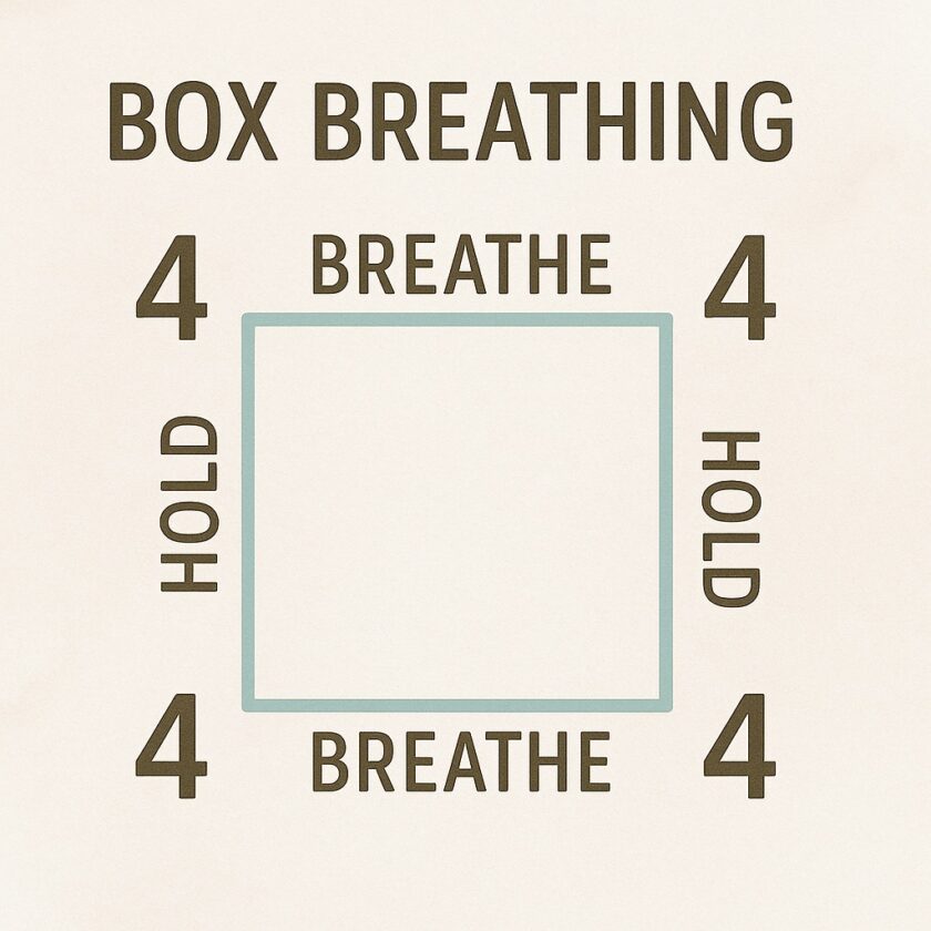 Diagram of box breathing: A square with instructions at each side—inhale for 4 seconds, hold for 4 seconds, exhale for 4 seconds, hold for 4 seconds—displayed around the square.