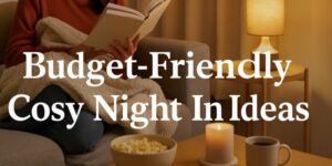 A person sits on a couch with a blanket, reading a book. A lit candle, popcorn, and cup are on the table. Warm lighting and the text “Budget-Friendly Cosy Night In Ideas” overlay the image.