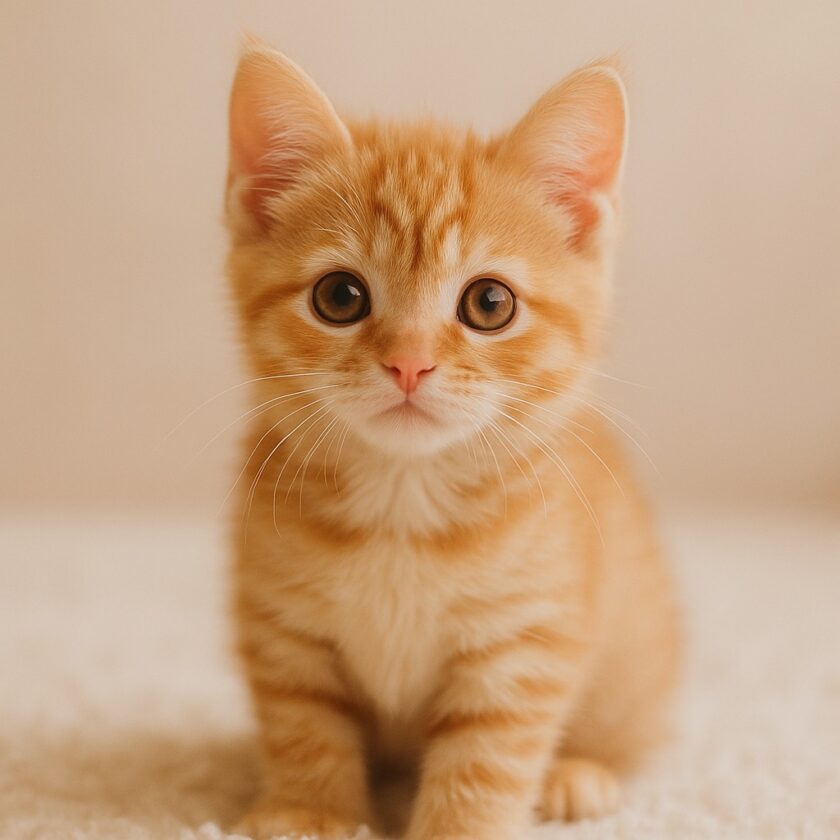 A small orange tabby kitten with big, round eyes sits on a soft white surface, looking directly at the camera with a curious expression.