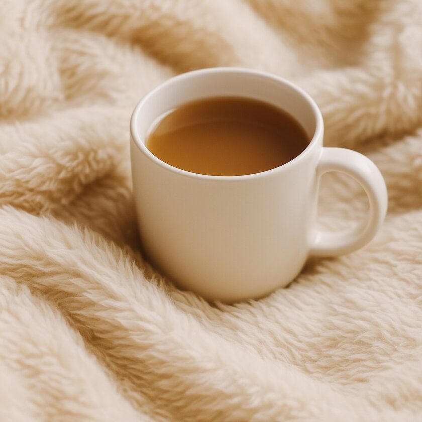 A white ceramic mug filled with coffee sits on a soft, beige, fluffy blanket, creating a cozy and warm atmosphere.