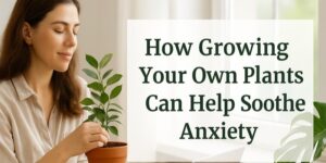 A woman smiles gently while holding a potted plant next to text that reads, How Growing Your Own Plants Can Help Soothe Anxiety.