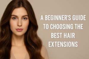 A woman with long, wavy brown hair stands next to text that reads, A Beginners Guide to Choosing the Best Hair Extensions, on a beige background.