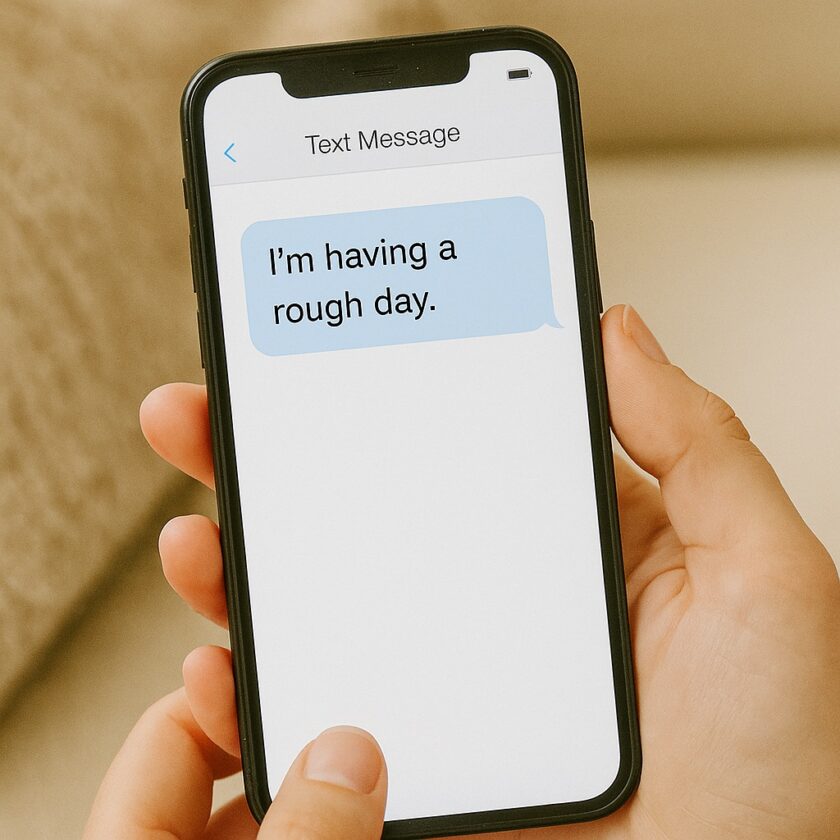 A person holds a smartphone displaying a text message that reads, Im having a rough day. The phone is held in both hands against a neutral background.