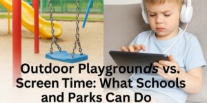 A split image: on the left, an empty playground swing with colorful equipment; on the right, a young boy wearing headphones uses a tablet. Text reads Outdoor Playgrounds vs. Screen Time: What Schools and Parks Can Do.