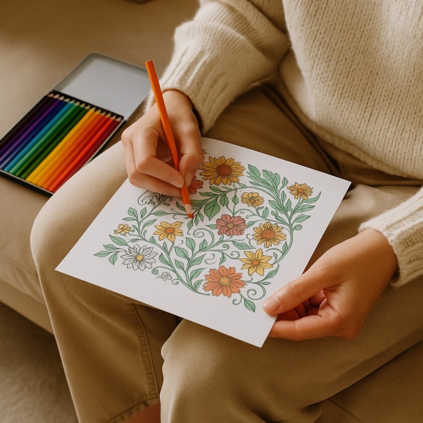 A person sits on a couch, coloring a detailed floral design on paper with an orange pencil. A tin with neatly arranged colored pencils is placed nearby on the seat.