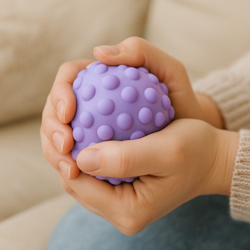 A person holds a purple, round, textured stress ball with raised bumps in both hands. The background is softly blurred, showing part of a beige couch and blue clothing.